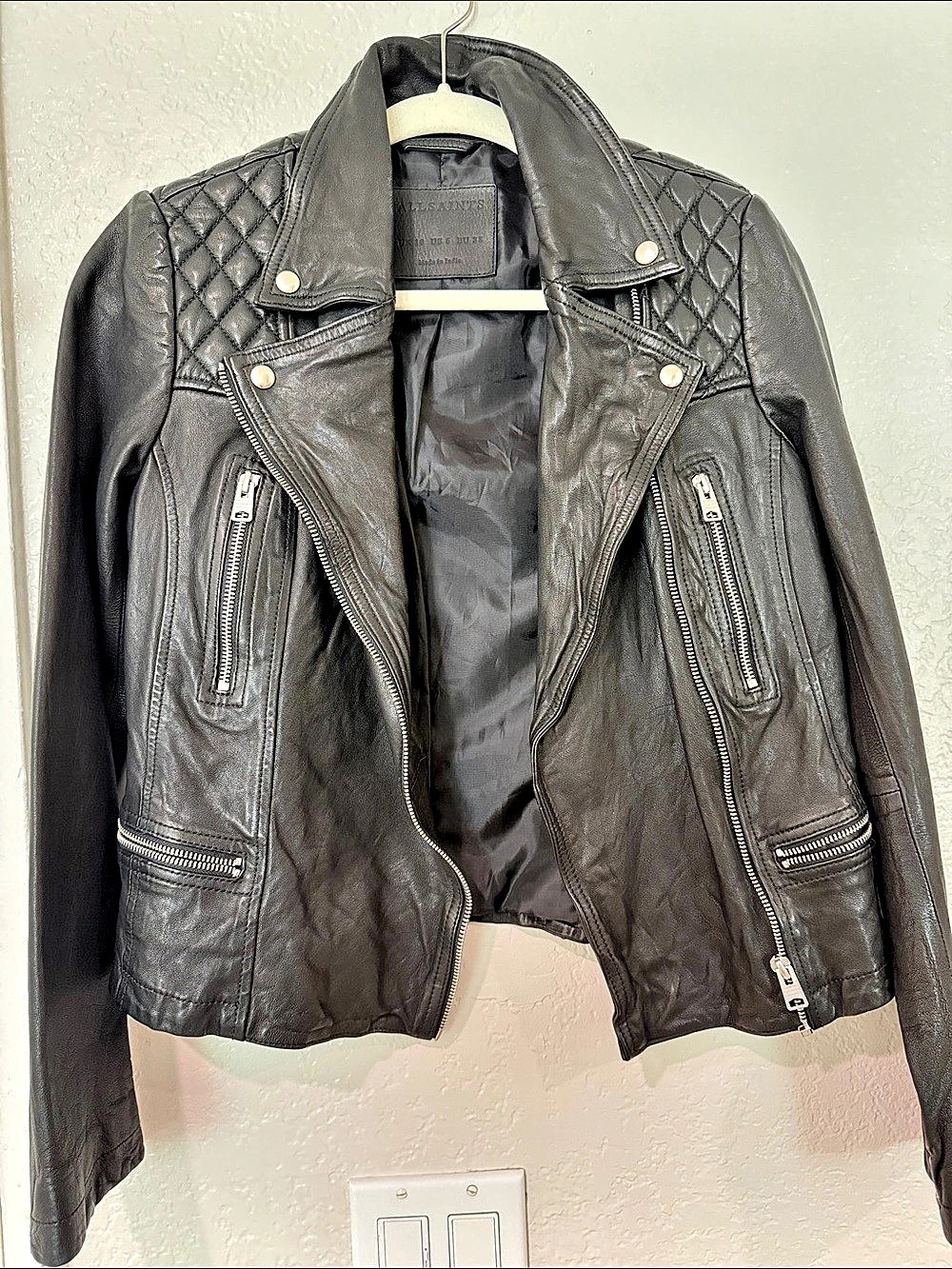 AllSaints Cargo Leather Biker Jacket Black US 6